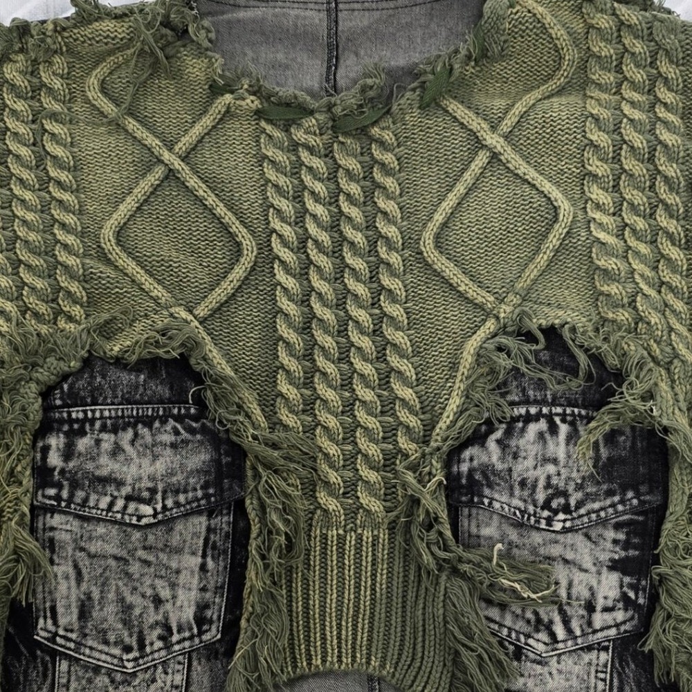 Distressed Cable Knit Cropped Sweater Olive Green Deconstructed Avant Garde - Picture 3 of 5
